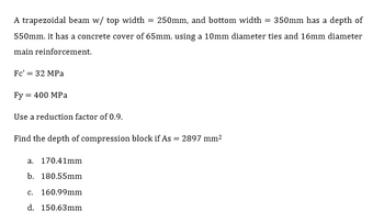 Answered: A Trapezoidal Beam W/ Top Width =… | Bartleby