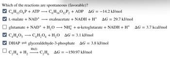 Which of the reactions are spontaneous (favorable)?
C6H130,P + ATP
→
› C6H14º₁₂P2 + ADP AG = -14.2 kJ/mol
L-malate + NAD+ → oxaloacetate + NADH + H+ AG = 29.7 kJ/mol
glutamate + NAD+ + H₂O → NH‡ + α-ketoglutarate + NADH + H+ AG = 3.7 kcal/mol
→
CH2O4 + H2O AG = 3.1 kJ/mol
* CąHẠO, — CH,O4 + H,O
DHAP
C₂H + H₂
glyceraldehyde-3-phosphate AG = 3.8 kJ/mol
Rh(I)
C2H6 AG-150.97 kJ/mol