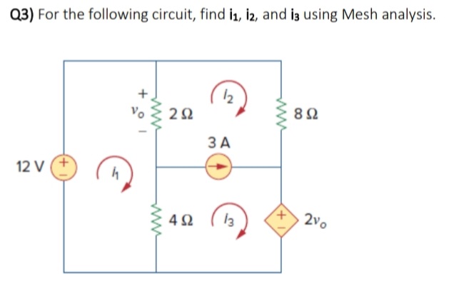 Q3) For the following circuit, find i1, 12, and is using Mesh analysis.
12 V
4
Vo
2Ω
4Ω
12
3 A
13
www
+
892
2vo