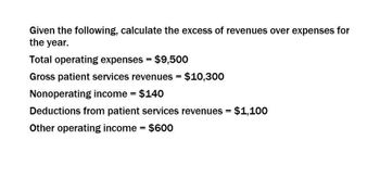 Given the following, calculate the excess of revenues over expenses for
the year.
Total operating expenses = $9,500
Gross patient services revenues = $10,300
Nonoperating income = $140
Deductions from patient services revenues = $1,100
Other operating income = $600