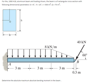 For the, 1060 H18, aluminum beam and loading shown, the beam is of rectangular cross-section with
following dimensional parameters: b = 6", h = 10", 1 = 500-in4, Q = 75-in³,
A
h
3 m
3 m
8 kN/m
3 m
Determine the absolute maximum absolute bending moment in the beam.
40 kN
B
0.3 m
60°