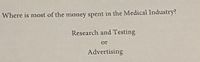 Where is most of the money spent in the Medical Industry?
Research and Testing
or
Advertising
