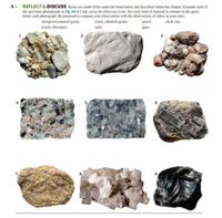 A - REFLECT & DISCUSS Rocks are made of the materials listed below and described within the chapter. Examine each of
the specimen photographs in Fig. A4.3.1 and, using the following terms, list every kind of material it contains in the space
below each photograph. Be prepared to compare your observations with the observations of others in your class.
clastic (detrital) grains
intergrown mineral grains
silt & clay
gravel
glass
fossils (bioclasts)
sand
4.
5.
9.
