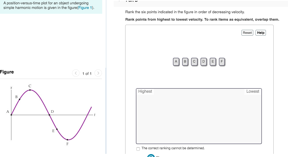 A position-versus-time plot for an object undergoing
simple harmonic motion is given in the figure(Figure 1).
Rank the six points indicated in the figure in order of decreasing velocity.
Rank points from highest to lowest velocity. To rank items as equivalent, overlap them.
Reset Help
A BcD|E F
Figure
1 of 1>
Highest
Lowest
A.
O The correct ranking cannot be determined.
