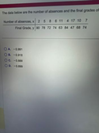 The data below are the number of absences and the final grades of
Number of absences, x 2 5 8 6 11 4 17 10 7
Final Grade, y 90 78 72 74 63 84 47 68 74
OA -0.991
B. -0.918
OC. -0.888
OD. -0.899