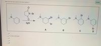 The image depicts an organic chemistry question asking, "What will be the major product of the shown reaction?". The reaction involves a substituted piperidine compound reacting with N-bromoacetamide under light.

Below the reaction scheme, four possible products are labeled A, B, C, and D:

- **Product A**: A piperidine ring with two bromine atoms added at adjacent carbon atoms.
- **Product B**: A piperidine ring with one bromine atom added.
- **Product C**: A piperidine ring with a single bromine atom addition.
- **Product D**: A piperidine ring with another single bromine atom addition at a different position.

Options for the major product are given as:
1. D
2. A 1:1 mixture of C and D
3. C
4. A
5. B

The task is to determine which of these is the major product of the reaction.