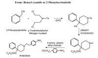 From: Benzyl cyanide or 2-Phenylacetonitrile
ÇN
N-Ts
'N-Ts
-2HCI
ci
CN
2-Phenylacetonitrile p-Toulenesulphonyl
Nitrogen mustard
(IN2OH
(iї) ETOH/HCI
NH,
4 amino phenyl
ethyl chloride
'N-H
CI(CH,),
-NH,
C,H,O0C
C,H,00C
Anileridine
