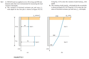 12.1
A 1500 kN load was applied on two 20 m long and 500 mm
diameter piles that were instrumented for measuring the load
variation with depth.
a. The variation of frictional resistance per unit area, f),
with depth for the first pile is shown in Figure P12.1a.
10 m
5 m
z(m)
FIGURE P12.1
40
70
(a)
f(z) (kN/m²)
Soil 1
Soil 2
z(m)
Using Eq. (12.9), draw the variation of pile load Qu) with
depth.
b. The variation of pile load Q) with depth for the second pile
is shown in Figure P12.1b. Using Eq. (12.9), draw the vari-
ation of frictional resistance per unit area, f), with depth.
300
800
1500
(b)
Q(z) (KN)
Soil 1
Soil 2