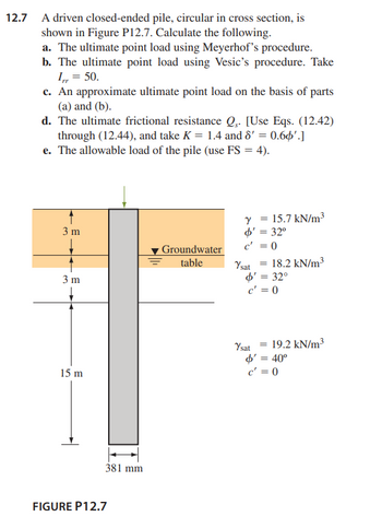 12.7 A driven closed-ended pile, circular in cross section, is
shown in Figure P12.7. Calculate the following.
a. The ultimate point load using Meyerhof's procedure.
b. The ultimate point load using Vesic's procedure. Take
Irr = 50.
c. An approximate ultimate point load on the basis of parts
(a) and (b).
d. The ultimate frictional resistance Q₁. [Use Eqs. (12.42)
through (12.44), and take K = 1.4 and 8' = 0.60'.]
e. The allowable load of the pile (use FS = 4).
3 m
3 m
15 m
381 mm
FIGURE P12.7
Groundwater
table
=
Y
$' = 32°
c' = 0
15.7 kN/m³
=
Ysat 18.2 kN/m³
$' = 32°
c' =0
Ysat
19.2 kN/m³
$' = 40°
c' = 0