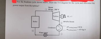 For the Rankine cycle shown below, Draw the T-S diagram for the cycle and determine the
power output from the turbine?
Boiler
Steam
150 bar, 350 °C
Water pump
Turbine
Condenser
HA W₁ =?
(2)
3
100 kPa Steam
AT Cooling water 10 K
mcooling water = 65 kg/s