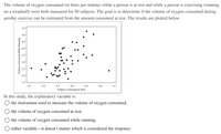 The volume of oxygen consumed (in liters per minute) while a person is at rest and while a person is exercising (running
on a treadmill) were both measured for 50 subjects. The goal is to determine if the volume of oxygen consumed during
aerobic exercise can be estimated from the amount consumed at rest. The results are plotted below.
5.5
5.01
4.5
4.0
3.5
3.0
2.5
2.0
1.5
0.1
0.2
0.3
0.4
0.5
0.6
0.7
Volume Consumed at Rest
In this study, the explanatory variable is:
O the instrument used to measure the volume of oxygen consumed.
the volume of oxygen consumed at rest.
the volume of oxygen consumed while running.
either variable-it doesn't matter which is considered the response.
Volume Consumed While Running
