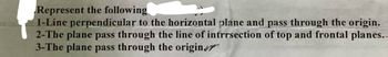 Represent the following
1-Line perpendicular to the horizontal plane and pass through the origin.
2-The plane pass through the line of intersection of top and frontal planes.
3-The plane pass through the origin