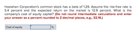 Hoolahan Corporation's common stock has a beta of 1.29. Assume the risk-free rate is
5.4 percent and the expected return on the market is 12.9 percent. What is the
company's cost of equity capital? (Do not round intermediate calculations and enter
your answer as a percent rounded to 2 decimal places, e.g., 32.16.)
Cost of equity
%
