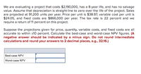 We are evaluating a project that costs $2,190,000, has a 8-year life, and has no salvage
value. Assume that depreciation is straight-line to zero over the life of the project. Sales
are projected at 91,200 units per year. Price per unit is $38.97, variable cost per unit is
$24.05, and fixed costs are $866,000 per year. The tax rate is 22 percent and we
require a return of 11 percent on this project.
Suppose the projections given for price, quantity, variable costs, and fixed costs are all
accurate to within ±10 percent. Calculate the best-case and worst-case NPV figures. (A
negative answer should be indicated by a minus sign. Do not round intermediate
calculations and round your answers to 2 decimal places, e.g., 32.16.)
Best-case NPV
Worst-case NPV
