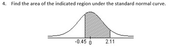 4. Find the area of the indicated region under the standard normal curve.
-0.45 0
2.11