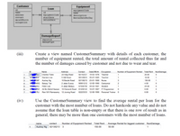 Customer
Equipment
Loan
id
equipmentCode
name
id
name
H description
RentalRatePerDay
address
04 equipment Code e
contact
startDate
dateOfBirth
returnDate
occupation
DamageReport
reportId
damageType
(iii)
Create a view named CustomerSummary with details of each customer, the
number of equipment rented, the total amount of rental collected thus far and
the number of damages caused by customer and not due to wear and tear.
ID
Name
Address
Contact
DateOfBirth Occupation
Number of Equipment Rented Total Rent NumDamage
ST82J
Charles Toles
23 Haig Road
92142331 15-03-1976 Teacher
20.00
S823F
Damien Low
5 Still Road
88128833 05-07-1985 Teacher
1
16.00
1
3
sa56F Audrey Ng
10 Bedok Road
82138213 23-01-1988 Nurse
3
150.00
1
2 Jalan Eunos
8 Jalan Melayu
Ali Bin Mohd Hassan 10 Clomonti Road 91239123
4
S345G
Betsey Tan
98981212 12-05-1990 Cartoonist
4.00
99234J
Peter Lee
97589758 04-03-1991 Student
1
24.00
SATSZ
S575J Ravi S/O Ramasamy 12 Jurong Road
6
10-07-1997 IT Programmer
0.00
7
82223333 12-08-1998 Personal Trainer o
0.00
Use the CustomerSummary view to find the average rental per loan for the
customer with the most number of loans. Do not hardcode any value and do not
assume that the loan table is non-empty or that there is one row of result as in
general, there may be more than one customers with the most number of loans.
(iv)
contact
Number of Equipment Rented Total Rent
Average Rental for biggest customer NumDamage
name
Audrey Ng 82138213 3
150.00
50.00
1

