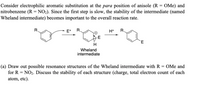 Consider electrophilic aromatic substitution at the para position of anisole (R = OMe) and
nitrobenzene (R = NO2). Since the first step is slow, the stability of the intermediate (named
Wheland intermediate) becomes important to the overall reaction rate.
R.
E* R.
H*
R.
-E
H
Wheland
intermediate
(a) Draw out possible resonance structures of the Wheland intermediate with R = OMe and
for R = NO2. Discuss the stability of each structure (charge, total electron count of each
atom, etc).
