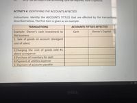 eps in the accounting cycle are required; none is optional.
ACTIVITY 4: IDENTIFYING THE ACCOUNTS AFFECTED
Instructions: Identify the ACCOUNTS TITTLES that are affected by the transactions
described below. The first item is given as an example.
TRANSACTIONS
ACCOUNTS TITTLES AFFECTED
Example: Owner's cash investment to
Cash
Owner's Capital
the business
1. Sale of goods on account (disregard
cost of sales)
2.Charging the cost of goods sold #1
above as expense
3.Purchase of inventory for cash
4.Payment of utilities expense
5. Payment of accounts payable
DELL
