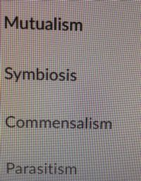 Mutualism
Symbiosis
Commensalism
Parasitism
