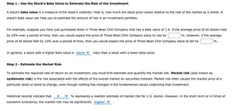 Step 1 - Use the Stock's Beta Value to Estimate the Risk of the Investment
A stock's beta value is a measure of the stock's volatility-that is, how much the stock price varies relative to the rest of the market as a whole. A
stock's beta value can help you to estimate the amount of risk in an investment portfolio.
For example, suppose you have just purchased stock in Three-Bean Chili Company that has a beta value of 1.6. If the average price of all stocks rises
by 20% over a period of time, then you would expect the price of Three-Bean Chili Company stock to rise by
%. However, if the average
price of all stocks falls by 10% over a period of time, then you would expect the price of Three-Bean Chili Company stock to fall by
%.
In general, a stock with a higher beta value is more risky than a stock with a lower beta value.
Step 2 - Estimate the Market Risk
To estimate the required rate of return on an investment, you must first estimate and quantify the market risk. Market risk (also known as
systematic risk) is the risk associated with the effects of the overall market on securities markets. Market risk often causes the market price of a
particular stock or bond to change, even though nothing has changed in the fundamental values underlying that investment.
Historical records indicate that 8 ▼ % represents a realistic estimate of market risk for U.S. stocks. However, in the short term or in times of
economic turbulence, the market risk may be significantly higher ▼
▪