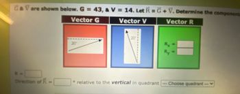 Gavare
are shown below. G = 43, & V = 14. Let R=G+ V. Determine the components
Vector G
Vector V
Vector R
Direction of R
20
20°
relative to the vertical in quadrant
Choose quadrant
-