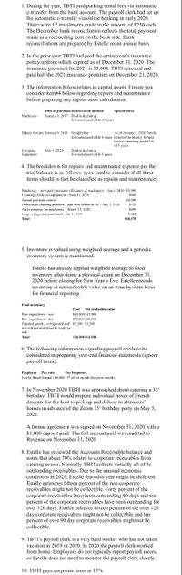 1. During the year, TBTI paid parking rental fees via automatic
e-transfer from the bank account. The payroll clerk had set up
the automatic e-transfer via online banking in early 2020.
There were 12 instalments made in the amount of $250 each.
The December bank reconciliation reflects the total payment
made as a reconciling item on the book side. Bank
reconciliations are prepared by Estelle on an annual basis.
2. In the prior year TBTI had paid the entire year's insurance
policy upfront which expired as of December 31, 2020. The
insurance premium for 2021 is $5,600. TBTI renewed and
paid half the 2021 insurance premium on December 21, 2020.
3. The information below relates to capital assets. Ensure you
consider item#4 below regarding repairs and maintenance
before preparing any capital asset calculations.
Date of purchase Depreciation method
January 1, 2017 Double declining
Special notes
Machinery
Estimated useful life 10 years
Bakery fixtures January 1, 2018 Straight line
As of January 1, 2020 Estelle
Estimated useful life 8 years believes the Bakery fixtures
have a remaining useful life
of 5 years
Computer
Equipment
Double declining
Estimated useful life 5 years
Мay 1, 2020
4. The breakdown for repairs and maintenance expense per the
trial balance is as follows: (you need to consider if all these
items should in fact be classified as repairs and maintenance)
Machinery – new part (increases efficiency of machinery) - Jan 1, 2020 S5,900
Cleaning of kitchen equipment - June 12, 2020
Annual pesticide control
$660
S2,000
Dishwasher draining problem - part time labour to fix - July 3, 2020
Anti-rust spray for machinery - March 15, 2020
Large refrigerator purchased - Jan I, 2020
$320
$490
9,000
Total
$18,370
5. Inventory is valued using weighted average and a periodic
inventory system is maintained.
Estelle has already applied weighted average to food
inventory after doing a physical count on December 31,
2020 before closing for New Year's Eve. Estelle records
inventory at net realizable value on an item-by-item basis
for financial reporting.
Food inventory
Cost
Net realizable value
Raw ingredients - wet
Raw ingredients - dry
Finished goods – refrigerated and $3,200 $3,200
non-refrigerated desserts ready for
$45,000 $43,000
S72,000 S68,000
sale
Total
120,200 114,200
6. The following information regarding payroll needs to be
considered in preparing year-end financial statements (ignore
раyroll taxes):
Employee Pay rate
Estelle Bisset Annual 108,000 15 of the month (for prior month)
Pay frequency
7. In November 2020 TBTI was approached about catering a 35*
birthday. TBTI would prepare individual boxes of French
desserts for the host to pick up and deliver to attendees'
homes in advance of the Zoom 35* birthday party on May 5,
2021.
A formal agreement was signed on November 31, 2020 with a
$1,000 deposit paid. The full amount paid was credited to
Revenue on November 31, 2020.
8. Estelle has reviewed the Accounts Receivable balance and
notes that about 70% relates to corporate receivables from
catering events. Normally TBTI collects virtually all of its
outstanding receivables. Due to the unusual economic
conditions in 2020, Estelle fears this year might be different.
Estelle estimates fifteen percent of the non-corporate
micht
receivables might not be collectible. Forty percent of the
corporate receivables have been outstanding 90 days and ten
percent of the corporate receivables have been outstanding for
over 120 days. Estelle believes fifteen percent of the over 120
day corporate receivables might not be collectible and ten
percent of over 90 day corporate receivables might not be
collectible.
9. TBTI's payroll clerk is a very hard worker who has not taken
vacation in 2019 or 2020. In 2020 the payroll clerk worked
from home. Employees do not typically report payroll errors,
so Estelle does not need to monitor the payroll clerk closely.
10. TBTI pays corporate taxes at 15%.
