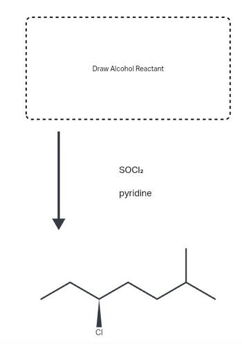 ### Transcription of the Image for Educational Purposes

The image presents a chemical reaction schema involving an alcohol reactant. Here's a detailed description:

1. **Alcohol Reactant Box:**
   - At the top of the image, there is a dashed rectangular box labeled "Draw Alcohol Reactant." This indicates that the specific alcohol reactant structure should be drawn here.

2. **Reaction Arrows and Conditions:**
   - A downward arrow points from the box to the reaction conditions.
   - The reaction involves **SOCl₂** (thionyl chloride) and **pyridine**. These are the reagents used for the transformation of the alcohol reactant.

3. **Product Structure:**
   - The final structure at the bottom of the image is a chlorinated hydrocarbon.
   - The product is displayed with a chlorine (Cl) atom attached to a carbon chain, signifying the replacement of the hydroxyl group (OH) of the alcohol with a chlorine atom.

This image illustrates the conversion of alcohols to alkyl chlorides using SOCl₂ and pyridine, a common method in organic chemistry for nucleophilic substitution reactions. The structure should be completed by drawing the appropriate alcohol reactant to showcase the process fully.