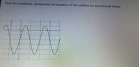 Find the amplitude, period and the equation of the midline for the sinusoid below.
