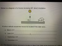 Below is a diagram of a house receiving 90° direct insolation.
90
At which latitude would this house be located if the date were..
a March 21?
b. June 21?
C. September 23?
d. December 21?
8. The diagrams below represent a location in New York State at the beginning of 3 differe
