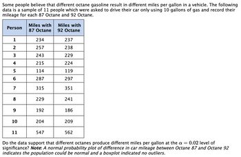 Some people believe that different octane gasoline result in different miles per gallon in a vehicle. The following
data is a sample of 11 people which were asked to drive their car only using 10 gallons of gas and record their
mileage for each 87 Octane and 92 Octane.
Person
1
2
3
4
5
6
7
8
9
10
11
Miles with
87 Octane
234
257
243
215
114
287
315
229
192
204
547
Miles with
92 Octane
237
238
229
224
119
297
351
241
186
209
562
Do the data support that different octanes produce different miles per gallon at the a = 0.02 level of
significance? Note: A normal probability plot of difference in car mileage between Octane 87 and Octane 92
indicates the population could be normal and a boxplot indicated no outliers.