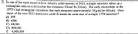 **Text Transcription for Educational Website:**

In one of the most recent silicon industry achievements of 2021, a single transistor takes up a rectangular area on a microchip that measures 10 [nm] by 20 [nm]. The early microchips in the 1970's had rectangular transistors that each measured approximately 20 [μm] by 40 [μm]. How many of the new 2021 transistors could fit inside the same area of a single 1970 transistor?

A) 400  
B) 4000  
C) 40,000  
D) 400,000  
E) 4,000,000  

**Explanation of Concepts:**

- **Transistor Size Comparison:** The problem compares the area occupied by transistors from two different eras, 2021 and the 1970s, by using their respective dimensions.
  
- **Measurement Units:** 
  - 2021 transistor dimensions: 10 nanometers (nm) by 20 nanometers (nm).
  - 1970s transistor dimensions: 20 micrometers (μm) by 40 micrometers (μm).

- **Unit Conversion:** To accurately compare the transistor areas, it's essential to convert all measurements to the same units. Note: 1 micrometer (μm) = 1,000 nanometers (nm).

- **Area Calculation:**
  - **2021 transistor area:** \(10 \, \text{nm} \times 20 \, \text{nm} = 200 \, \text{nm}^2\)
  - **1970s transistor area:** After converting dimensions into nanometers, \( (20,000 \, \text{nm}) \times (40,000 \, \text{nm}) = 800,000,000 \, \text{nm}^2 \)

- **Comparison:**
  - The number of 2021 transistors that fit into a 1970s transistor is calculated by dividing the 1970s transistor area by the 2021 transistor area: 
  \[
  \frac{800,000,000 \, \text{nm}^2}{200 \, \text{nm}^2} = 4,000,000
  \]

Thus, the answer is **E) 4,000,000**.