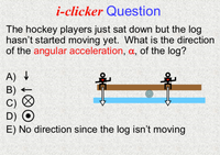 i-clicker Question
The hockey players just sat down but the log
hasn't started moving yet. What is the direction
of the angular acceleration, a, of the log?
A) V
B)
+
D)
E) No direction since the log isn't moving

