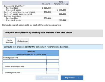 Beginning inventory
Merchandise
Finished goods
Cost of merchandise purchased
Cost of goods manufactured
Ending inventory
Merch
Business
Mfg Business
Merchandise
Finished goods
Compute cost of goods sold for each of these two companies.
Unimart
$ 331,000
490,000
Cost of goods sold
Complete this question by entering your answers in the tabs below.
Goods available for sale
231,000
UNIMART
Computation of Cost of Goods Sold
Cost of goods sold
Bare
Manufacturing
Compute cost of goods sold for the company in Merchandising Business.
$ 662,000
810,000
225,000
Merch Business
Mfg Business >