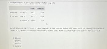 Concord Company's inventory records show the following data:
Inventory: January 1
Purchases: June 18
Units Unit Cost
9800
O $36000
O $48700
O $31500
O $40500
8500
November 8 6400
$9.00
8.00
7.00
A physical inventory on December 31 shows 4500 units on hand. Concord sells the units for $13 each. The company has an effective
tax rate of 18%. Concord uses the periodic inventory method. Under the FIFO method, the December 31 inventory is valued at