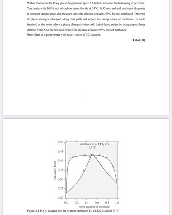 With reference to the P-x-y phase diagram in Figure 2.1 below, consider the following experiment:
You begin with 100% mol of carbon tetrachloride at 35°C, 0.35 torr and add methanol dropwise
at constant temperature and pressure until the mixture contains 99% by mol methanol. Describe
all phase changes observed along this path and report the composition of methanol (in mole
fraction) at the point where a phase change is observed. Label those points by using capital letter
starting from A to the last drop where the mixture contains 99% mol of methanol.
Note: Start at a point where you have 1 mole of CCl4 (pure).
pressure (Torr)
0.50
0.45-
0.40
0.358
0.30
0.25-
0.20
0.0
0.2
1
methanol (1)/CC14 (2)
35 °C
8
0.4 0.6 0.8
mole fraction of methanol
Figure 2.1 P-x-y diagram for the system methanol(1)/ CCl4(2) system 35°C.
1.0
Total [10]