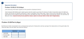 ### Required Information

**Problem 12-28 (LO 12-2) (Algo)**

*[The following information applies to the questions displayed below.]*

Yost received 300 NQOs (each option gives Yost the right to purchase 10 shares of Cutter Corporation stock for $20 per share). At the time he started working for Cutter Corporation three years ago, Cutter’s stock price was $20 per share. Yost exercised all of his options when the share price was $40 per share. Two years after acquiring the shares, he sold them at $62 per share. *(Input all amounts as positive values. Leave no answer blank. Enter zero if applicable.)*

---

### Problem 12-28 Part b (Algo)

b. What are Cutter Corporation's tax consequences (amount of deduction and tax savings from deduction) on the grant date, the exercise date, and the date Yost sold the shares?

| Date           | Amount of Deduction | Tax Savings   |
|----------------|----------------------|---------------|
| Grant date     |                      |               |
| Exercise date  |                      |               |
| Sale date      |                      |               |