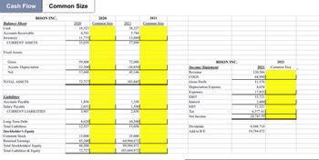 Cash Flow
Balance Sheet
Cash
Accounts Receivable
Inventory
CURRENT ASSETS
Fixed Assets:
Gross
Accum. Depreciation
Net
TOTAL ASSETS
BISON INC.
Liabilities
Accounts Payable
Salary Payable
CURRENT LIABILITIES
Long-Term Debt
Total Liabilities
Common Size
Stockholder's Equity
Common Stock
Retained Earnings
Total Stockholders' Equity
Total Liabilities & Equity
2020
18,523
4,741
11,775
35,039
59,888
-22,200
37,688
72,727
1,856
2,051
3,907
8,620
12,527
15,000
45,200
60,200
72,727
2020
Common Size
2021
38,227
5,784
13,888
57,899
72,000
-26,854
45,146
103,045
1,350
1,500
2,850
10,200
13,050
25,000
64,994.872
89,994.872
103,044.872
2021
Common Size
BISON INC.
Income Statement
Revenue
COGS
Gross Profit
Depreciation Expense
Expenses
EBIT
Interest
EBT
Tax
Net Income
Dividends
Add to R/E
2021
120,566
68,990
51,576
4,654
17,855
33,721
2,400
31,321
6,577.41
24,743.59
4,948.718
19,794.872
2021
Common Size