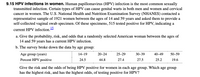 **9.15 HPV infections in women.** Human papillomavirus (HPV) infection is the most common sexually transmitted infection. Certain types of HPV can cause genital warts in both men and women and cervical cancer in women. The U.S. National Health and Nutrition Examination Survey (NHANES) contacted a representative sample of 1921 women between the ages of 14 and 59 years and asked them to provide a self-collected vaginal swab specimen. Of these specimens, 515 tested positive for HPV, indicating a current HPV infection.

a. Give the probability, risk, and odds that a randomly selected American woman between the ages of 14 and 59 years has a current HPV infection.

b. The survey broke down the data by age group:

| Age group (years) | Percent HPV positive |
|-------------------|----------------------|
| 14–19             | 24.5                 |
| 20–24             | 44.8                 |
| 25–29             | 27.4                 |
| 30–39             | 27.5                 |
| 40–49             | 25.2                 |
| 50–59             | 19.6                 |

Give the risk and the odds of being HPV positive for women in each age group. Which age group has the highest risk, and has the highest odds, of testing positive for HPV?