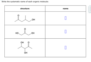 **Title: Systematic Names of Organic Molecules**

**Instructions:**
Write the systematic name of each organic molecule using the structures provided.

---

**Table of Organic Molecules:**

| Structure | Name |
|-----------|------|
| ![Molecule A](https://via.placeholder.com/150) | [Write name] |
| ![Molecule B](https://via.placeholder.com/150) | [Write name] |
| ![Molecule C](https://via.placeholder.com/150) | [Write name] |

---

**Structure Descriptions:**

1. **First Structure:**
   - **Functional Groups:** Ketone, Alcohol.
   - **Description:** A four-carbon chain with a ketone group (C=O) on the second carbon and an alcohol group (OH) on the fourth carbon.

2. **Second Structure:**
   - **Functional Groups:** Dicarboxylic acid.
   - **Description:** A three-carbon chain with carboxylic acid groups on both terminal carbons.

3. **Third Structure:**
   - **Functional Groups:** Diketone, Diol.
   - **Description:** A four-carbon chain with a ketone group on the second carbon, and hydroxyl groups on the first and third carbons.

---

Please fill in the systematic names in the spaces provided.