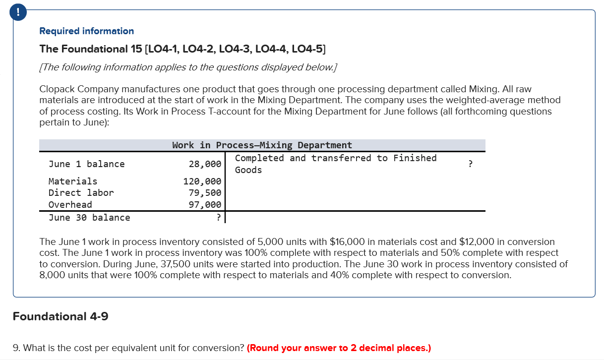 Required information
The Foundational 15 [LO4-1, LO4-2, LO4-3, L04-4, LO4-5]
[The following information applies to the questions displayed below.]
Clopack Company manufactures one product that goes through one processing department called Mixing. All raw
materials are introduced at the start of work in the Mixing Department. The company uses the weighted-average method
of process costing. Its Work in Process T-account for the Mixing Department for June follows (all forthcoming questions
pertain to June):
Work in Process-Mixing Department
Completed and transferred to Finished
Goods
June 1 balance
28,000
Materials
Direct labor
120,000
79,500
97,000
Overhead
June 30 balance
The June 1 work in process inventory consisted of 5,000 units with $16,000 in materials cost and $12,000 in conversion
cost. The June 1 work in process inventory was 100% complete with respect to materials and 50% complete with respect
to conversion. During June, 37,500 units were started into production. The June 30 work in process inventory consisted of
8,000 units that were 100% complete with respect to materials and 40% complete with respect to conversion.
Foundational 4-9
9. What is the cost per equivalent unit for conversion? (Round your answer to 2 decimal places.)
