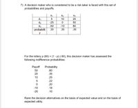7) A decision maker who is considered to be a risk taker is faced with this set of
probabilities and payoffs.
S1
S2
S3
d1
d2
5
10
20
-25
50
d3
-50
-10
80
probabilit
.30
.35
.35
y
For the lottery p (80) + (1 - p) (-50), this decision maker has assessed the
following indifference probabilities.
IT
Рayoff
Probability
50
.60
20
.35
10
.25
.22
20
-10
.18
-25
.10
Rank the decision alternatives on the basis of expected value and on the basis of
expected utility.
