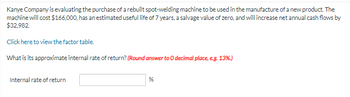 Kanye Company is evaluating the purchase of a rebuilt spot-welding machine to be used in the manufacture of a new product. The
machine will cost $166,000, has an estimated useful life of 7 years, a salvage value of zero, and will increase net annual cash flows by
$32,982.
Click here to view the factor table.
What is its approximate internal rate of return? (Round answer to O decimal place, e.g. 13%.)
Internal rate of return
%