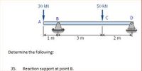 30 kN
50 kN
B
A
1m
3 m
2 m
Determine the following:
35. Reaction support at point B.
