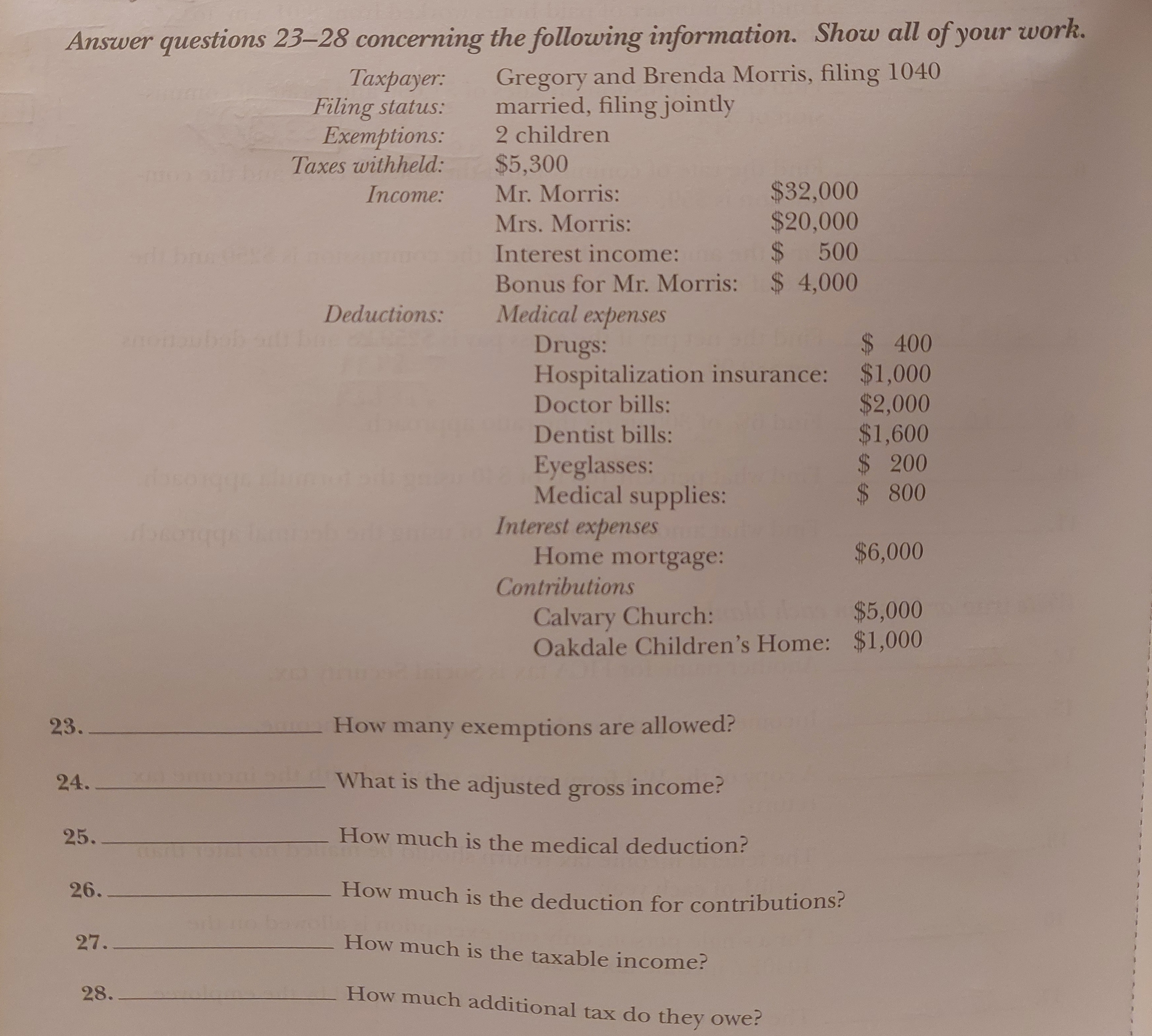 Answer questions 23-28 concerning the following information. Show all of your work.
Gregory and Brenda Morris, filing 1040
married, filing jointly
2 children
23.
24.
25.
26.
27.
28.
2/10
Taxpayer:
Filing status:
Exemptions:
Taxes withheld:
Income:
$5,300
Mr. Morris:
Mrs. Morris:
Interest income:
Bonus for Mr. Morris:
Deductions: Medical expenses
Drugs:
$ 400
Hospitalization insurance: $1,000
$2,000
$1,600
Doctor bills:
Dentist bills:
Eyeglasses:
Medical supplies:
Interest expenses
Home mortgage:
$32,000
$20,000
$ 500
$4,000
Contributions
$6,000
Calvary Church:
$5,000
Oakdale Children's Home: $1,000
$ 200
$ 800
____How many exemptions are allowed?
What is the adjusted gross income?
How much is the medical deduction?
How much is the deduction for contributions?
How much is the taxable income?
How much additional tax do they owe?