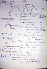 STEPZ
Bolution part 9
Drau FBD
PL
Boo lb
600 Jo
20
20
20
400lb
Reニnoo.b
1000 lb
Considey jeiw-by
O-tan () = 63. 43'
R FEG
E Fy-0, Ffo sin(63.93)= -800
6343
FFg= m894.465lb
-GOoeb
FEG
Efx-0 FFy6OS63, 43 +FE O=-600
80olb
FEG =-600- (-894.465)0s
FEG =
6343
200eb
Considler jont F
EFy-, (FeF ナFFy)sme393こ
63A 63 143
FDF
FEF ニ
+894.46516
I Fx =0
FDF+ FEplOs63.43= Ffofos63.43
FEP
FDF = (Ffn- FEF) tel63.43
FF4=894.465 lb (compresin)
FRF= 2
& FFO Cos 63. 43
FEG= 2004 (compressjon)
FRE= 900blcompretsion)
FDF =
2x (-894. 465-) Col 63.43
FDF800 lb
) methodof section Cconsider lett side of-seution)
400X304 9 FFX20 Rex 1D
1400x 1D
12000 + FCE X20 .
FCE =
100 lb(Tensio )
