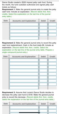 Dance Studio created a $200 imprest petty cash fund. During
the month, the fund custodian authorized and signed petty cash
tickets as follows:
Requirement 1. Make the general journal entry to create the petty
cash fund. Include an explanation. (Record debits first, then,
credits. Select the explanation on the last line of the journal
entry table.)
Date
Accounts and Explanation
Debit
Credit
Requirement 2. Make the general journal entry to record the petty
cash fund replenishment. Cash in the fund totals $8. Include an
explanation. (Record debits first, then, credits. Select the
explanation on the last line of the journal entry table. Prepare a
single compound journal entry.)
Date
Accounts and Explanation
Debit
Credit
Requirement 3. Assume that Louise's Dance Studio decides to
decrease the petty cash fund to $100. Make the general journal
entry to record this decrease. (Record debits first, then, credits.
Select the explanation on the last line of the journal entry table.)
Date
Accounts and Explanation
Debit
Credit
