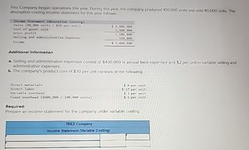 Trez Company began operations this year. During this year, the company produced 100,000 units and sold 80,000 units. The
absorption costing income statement for this year follows.
Income Statement (Absorption Costing)
Sales (80,000 units $50 per unit)
Cest of goods sold
Gress profit
Selling and administrative expenses
Income
Additional Information
$ 4,000,000
2,400,000
1,600,000
560,000
$ 1,040,000
a. Selling and administrative expenses consist of $400,000 in annual fixed expenses and $2 per unit in variable selling and
administrative expenses.
b. The company's product cost of $30 per unit consists of the following.
Direct materials
Direct labor
Variable overhead
Fixed overhead ($600,000/ 100,000 units)
Required:
$ 4 per unit
$ 17 per unit
$ 3 per unit
$ 6 per unit
Prepare an income statement for the company under variable costing.
TREZ Company
Income Statement (Variable Costing)