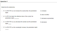 Question 1
Determine the relationship.
In ATR-FTIR, as we increase the wavenumber, the penetration
A. increases
depth
B. does not affect
In ATR, the higher the reflective index of the crystal, the
penetration depth
C. decreases exponentially
v In ATR-FTIR, as you decrease the sample size the penetration
D. decreases
depth
In ATR-FITR, as the wavelength increase, the penetration depth
