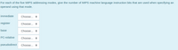 For each of the five MIPS addressing modes, give the number of MIPS machine language instruction bits that are used when specifying an
operand using that mode.
immediate
Choose..
register
Choose...
base
Choose.. +
PC-relative
Choose... +
pseudodirect
Choose... +
