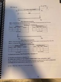 F2 10,000#
HW Prob 12
30ft WH
F1 = Uniform load of 500#/LF
RA
RB
50000
dpon
RA
RB
FBD of Moments around Rb
Step 1: Draw the forces (and their distance from Rb) that create a moment around Rb in the FBD above
Step 2: To Solve for RAy, sum moments about RB:
CW Moment = CCW Moment
CW Moment (+)
Mag
CCW Moment (-)
Dist.
Moment
Force
Dist.
Moment
Force
Mag
Sum CWM:
Sum CCWM:
RA
RB
FBD of Moments around Ra
Step 3: Draw the forces (and their distances from Ra) that create a moment around Ra in the FBD
Step 4: To Solve for RBy, sum moments about RA:
CW Moment CCW Moment
CCW Moment (-)
CW Moment (+)
Dist.
Moment
Force
Mag
Dist.
Moment
Force
Mág
Sum CCWM:
Sum CWM:
To Check your answer, Sum Forces in the Y direction 0
To find Rax sum forces in x direction =D0
IS THERE ANX FORCE AT THE PINNED CONNECTION? If yes, to the left or right?
If Yes, combine the x and y forces at the pinned connection to determine the reaction at the pinned
connection and use trigonometry to determine the direction of the reaction:
ans: Rby 28kps, Ray 22kps, Ra 24.166 kps @114 deg
82
